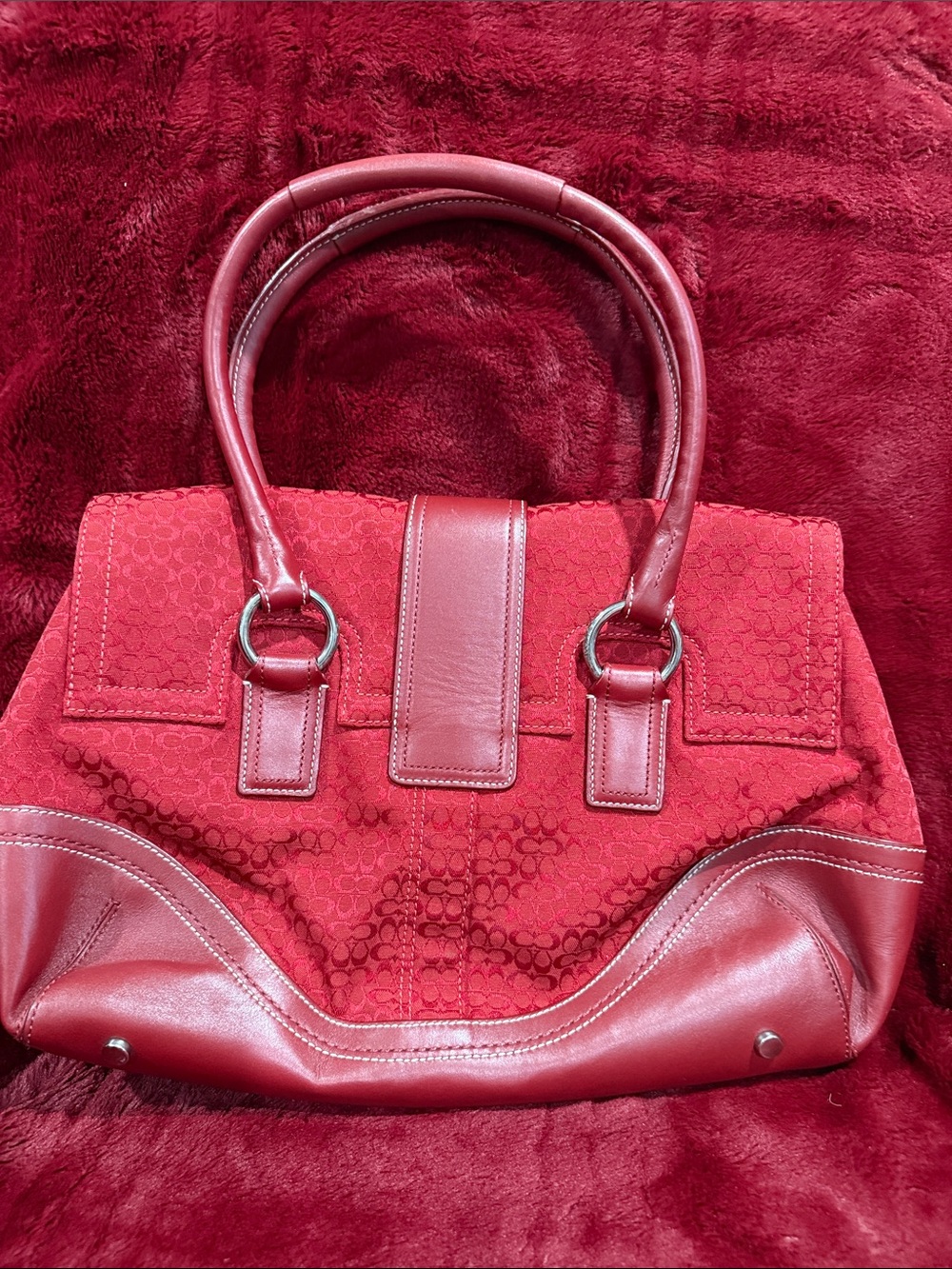 Vintage Coach Red Structured Leather/Fabric Tote Handbag - Picture 2 of 4